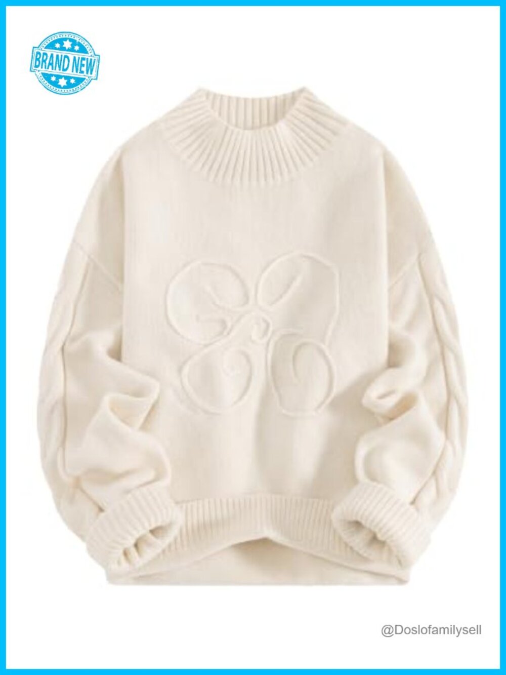 Oversized Knit Pullover Sweater Mock Neck Flower Graphic Long Sleeve